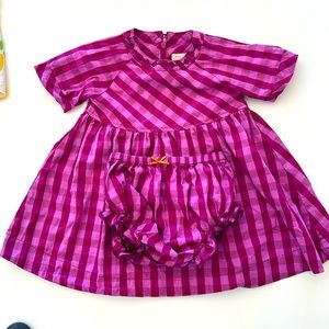Pink chicken purple gingham dress and bloomers size 12-18 mos EUC